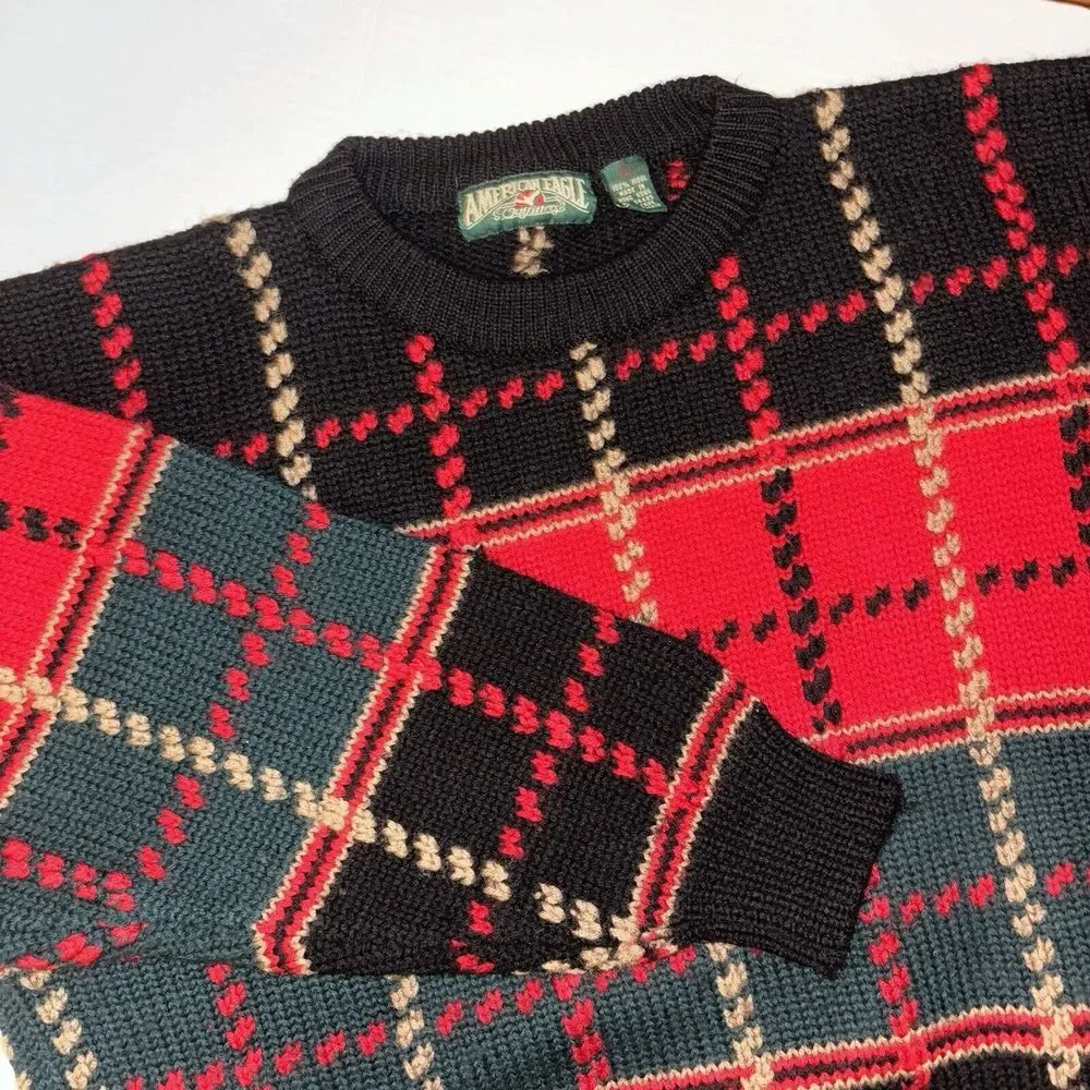 VTG 80s American Eagle Xmas Sweater Mens Large Red Green Black Plaid Chunky Wool